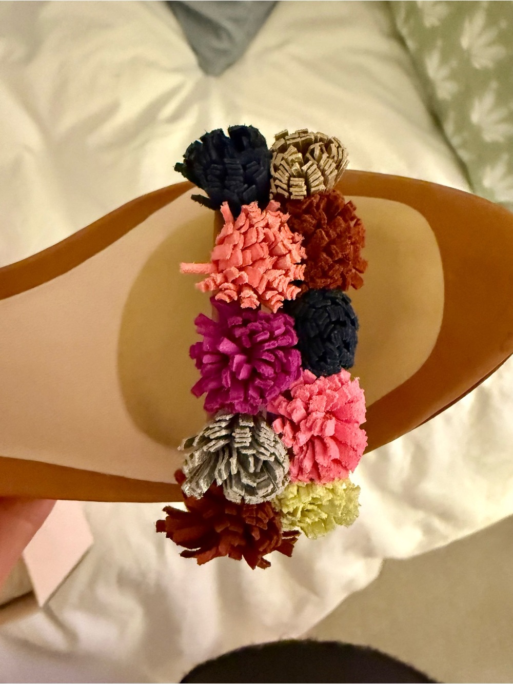 Loeffler Randall Tan Block Heel Sandals with Multicolor Pom Trim - Picture 2 of 6